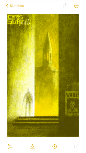 An alley somewhere in a city. There is a set of a few steps. Sunlight blazes on one of the walls. Someone is standing out of view, casting a silhouetted shadow on the wall. In the foreground is another wall with a "wanted" poster on it. The face on the poster, and any other information, is barely visible. In the distance is the steeple of a church. This is a primarily yellow and brown drawing. The painting is signed "Chris Silverman".
