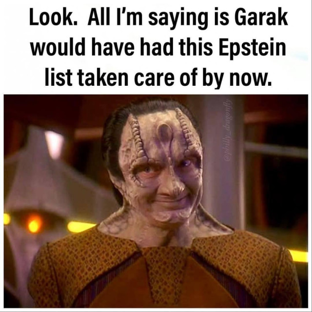 A meme with a picture of Garak from Star Trek: Deep Space Nine reads, “Look. All I’m saying is Garak would have had this Epstein list taken care of by now.”