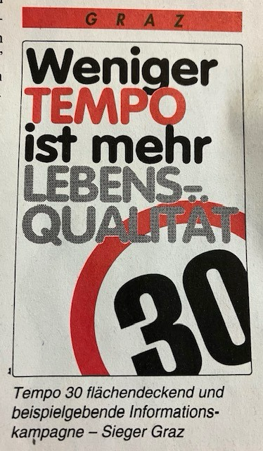 Ausschnitt aus VCÖ-Zeitung 1992 mit Sujet  der Tempo30-Kampagne der Stadt Graz. "Weniger Tempo  ist mehr Lebensqualität".  