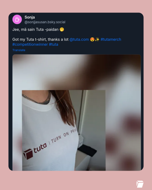 Sonja in her new Tuta shirt, screenshot from Bluesky