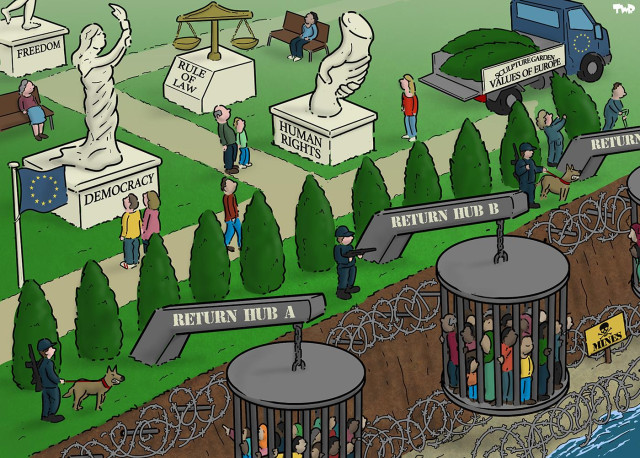 Cartoon showing a sculpture garden, full of sculptures that embody the values of Europe: freedom, democracy, role of law and human rights. People are strolling through the garden, while gardeners are planting trees to hide giant three cages with migrants, labeled 'return Hub A', 'B' and 'C', from sight.