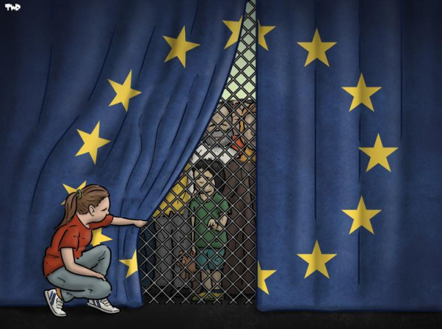 Cartoon showing a woman pulling back a large curtain with the EU flag on it to reveal a fence with migrants standing behind it.