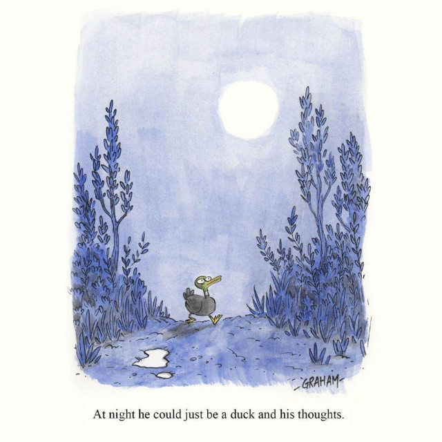 A cartoon illustration of a duck walking on a dirt road at night with a full moon. Caption reads "At night he could just be a duck and his thoughts."