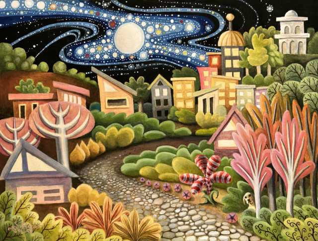 Landscape painting of trees, bushes, houses and some strange flowers. The skit is filled with a galaxy of stars. A yellow Labrador peeks out from behind a tree. The colors are warm, and the style is a bit flat and abstract, but with depth created by lots of layers. 

Find this and my other original paintings in my Etsy shop, gwenbeads. 