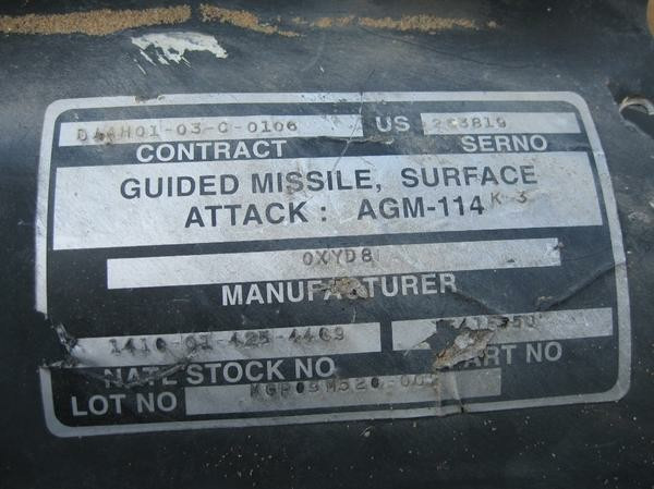 Pic of the tag of a guided missile AGM 114 dropped on Gaza by the IOF in 2014 during Operation "Protective Edge"