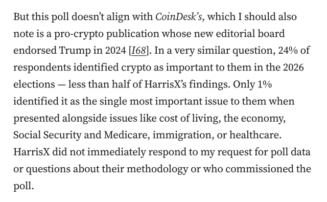 But this poll doesn’t align with CoinDesk’s, which I should also note is a pro-crypto publication whose new editorial board endorsed Trump in 2024 [I68]. In a very similar question, 24% of respondents identified crypto as important to them in the 2026 elections — less than half of HarrisX’s findings. Only 1% identified it as the single most important issue to them when presented alongside issues like cost of living, the economy, Social Security and Medicare, immigration, or healthcare. HarrisX did not immediately respond to my request for poll data or questions about their methodology or who commissioned the poll.