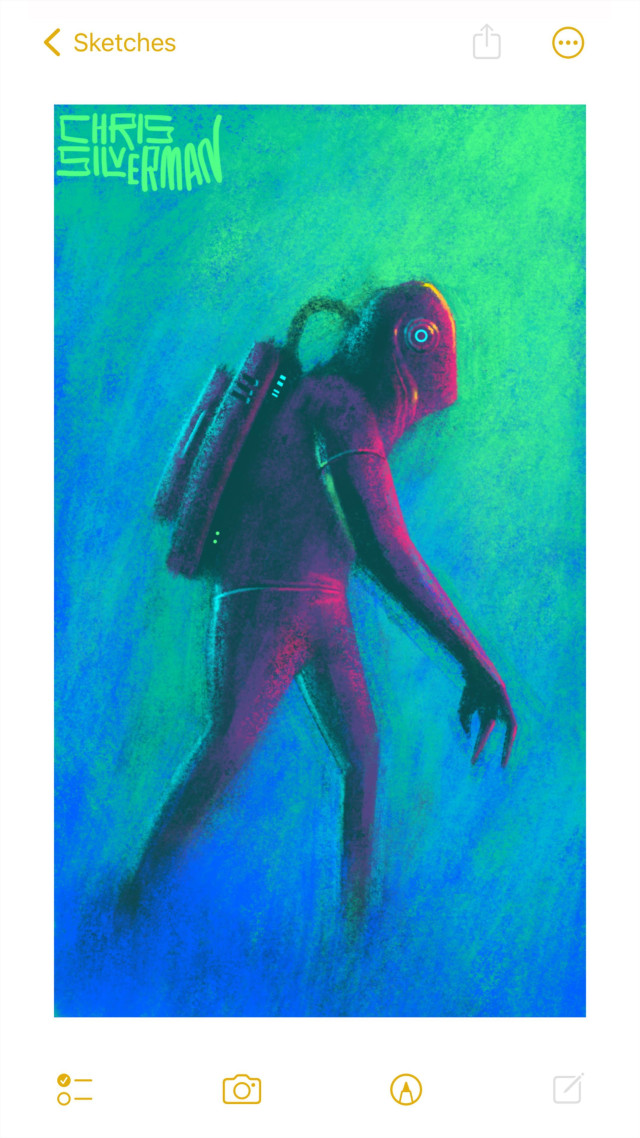 A heavily outfitted figure walks in a greenish-blue space. The figure is humanoid, but has disproportionately long arms and only three fingers. It is wearing some sort of dark suit with a bluish-purple sheen to it, and is carrying a pack on its back. The pack has small green and blue lights on it. The figure's head is covered by a helmet or face covering, and a tube extends from the pack to the helmet. The painting is signed "Chris Silverman".