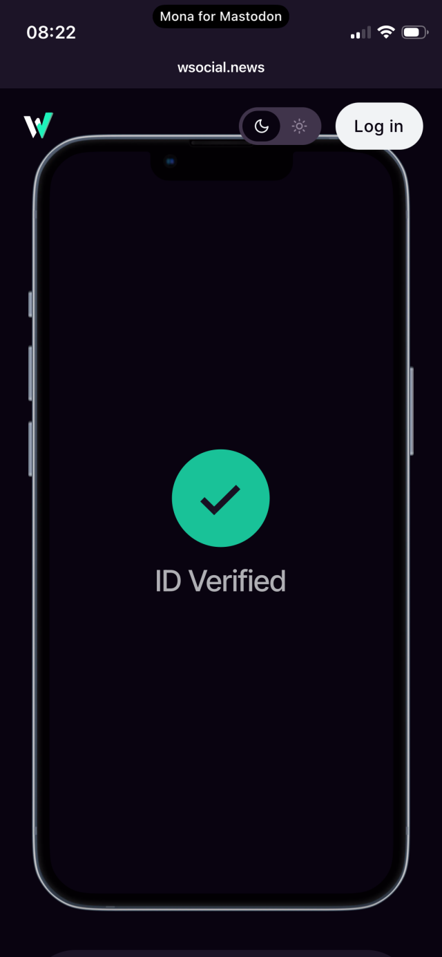 Screenshot: wsocial.news: green check mark on phone reads ID verified