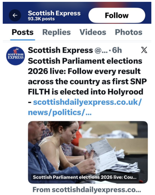 A Scottish Express article in the wake of the Scottish Parliamentary election results, where people who believe in independence for Scotland are described as filth. 