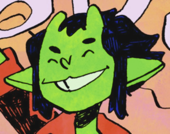 Close-up of Pandora, from Bad Bullet, grinning and raising her arm triumphantly.