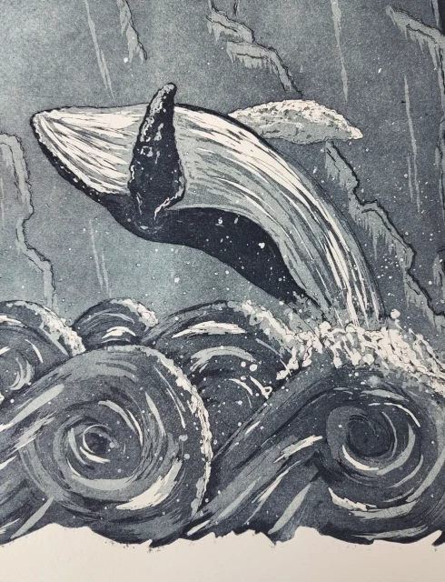 Printed etching of a breaching whale above crashing waves