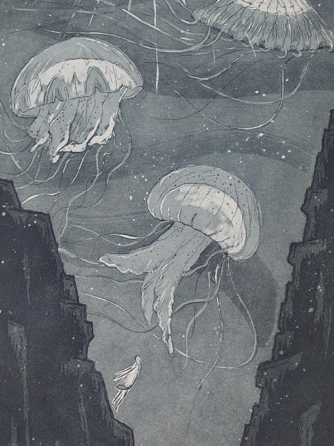 Section of printed etching with giant stinging jellyfish floating above a tiny person, between dark jagged rocks