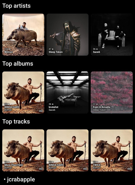 Last week • jcrabapple

Top artists:
Bilmuri, Sleep Token, Sace6

Top albums:
KINDA HARD, brutalist, Even In Arcadia

Top tracks:
More Than Hate, KINDA HARD, TWICE