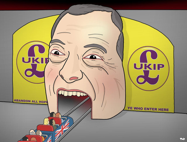 Cartoon showing carts with the UK flag on the side entering a haunted house attraction. The gateway into the ride is a giant face of Nigel Farage with a gaping open mouth.