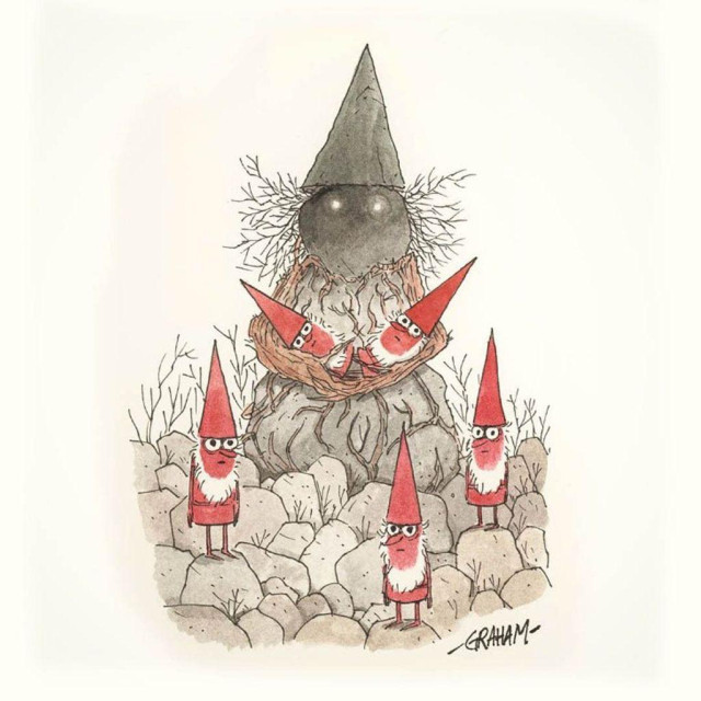 A cartoon illustration of red gnomes known as the 'Hidden People' surrounding a motherly creature made of rock and roots with glowing eyes.