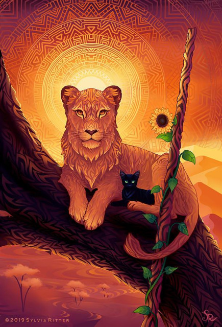 Queen of Wands
One of my tarot cards. We are in the hot desert. Seeing a strong lioness, the queen of the desert, leader of her own thoughts, lying majestical on a tree protecting a small black kitten. The wand with a sunflower rank can be found next to these two free and independent souls. https://www.deviantart.com/sylviaritter/art/Queen-of-Wands-793101522