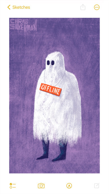 A person wearing a ghost costume—a somewhat ragged white sheet with two eye holes—stands in an empty purple space. Around their neck, they are wearing an orange sign that says "off-line" in white letters. The painting is signed "Chris Silverman".
