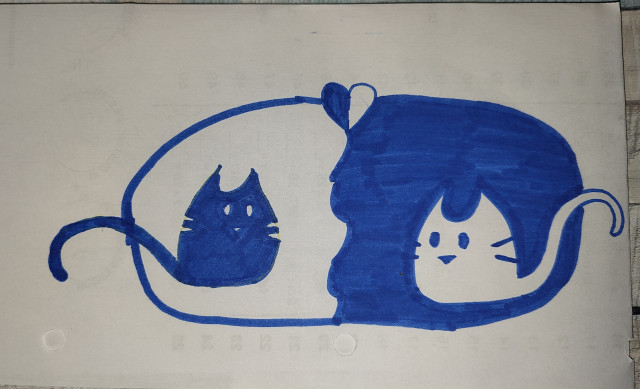 Dessin de deux chats stylisés (un rond avec des yeux une truffe, des moustaches, des oreilles et une queue), un bleu sur fond blanc et un blanc sur fond bleu.
Les deux chats se regardent et à la jonction du fond, cela fait un petit cœur en haut 
