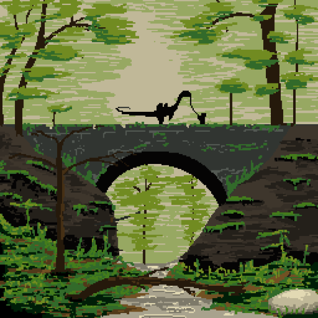 Pixel-Art Picture (256 x 256) of a small forest scene. A stone bridge spans a small, silvery stream. The area around the stream is lush and green. A figure is walking across the bridge, leading a dinosaur on a leash. Both are shrouded in shadow.