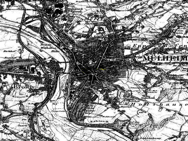 Historische Karte: Mülheim an der Ruhr, aufgenommen 1891–1912 (Preußische Neuaufnahme). Quelle: Geobasis NRW, Datenlizenz Deutschland Zero 2.0.