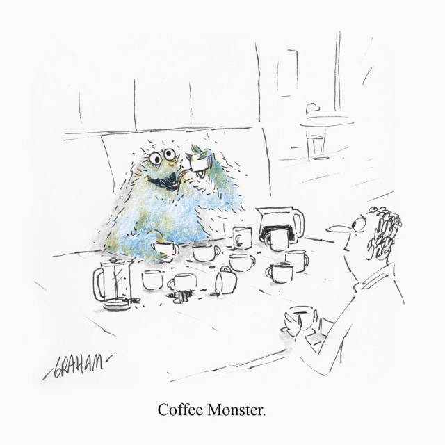 A cartoon illustration of a blue muppet drinking multiple cups of coffee at a cafe. Caption reads "Coffee Monster."