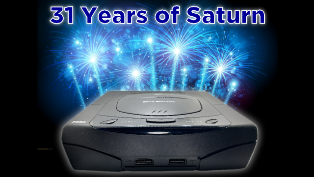 Blue fireworks behind a Western Sega Saturn with the words "31 Years of Saturn" above it
