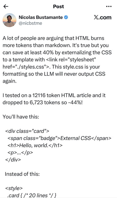 Screenshot of X discussion about linking to a CSS file so the LLM company doesn’t charge you more money for rendering HTML