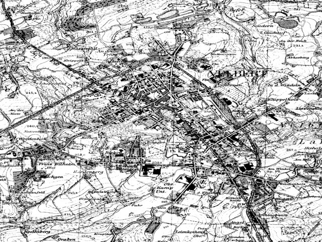 Historische Karte: Velbert (Innenstadt), aufgenommen 1936–1945 (Topographische Karte TK25). Quelle: Geobasis NRW, Datenlizenz Deutschland Zero 2.0.