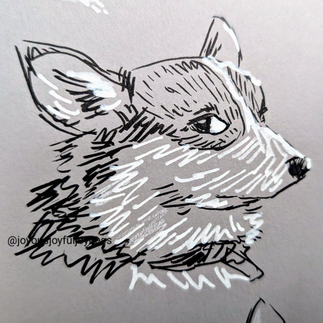 Black and white pen sketch on toned gray paper of a disapproving corgi giving side eye to the viewer.