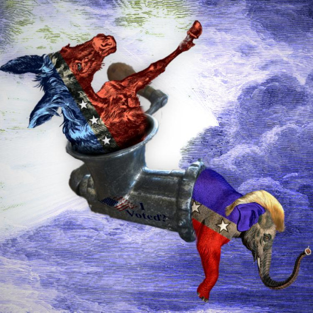 A meat grinder; disappearing into the top is a sad donkey dressed in Democratic Party livery; emerging from the bottom is a Trump-wigged elephant in GOP livery. The grinder bears an 'I Voted' sticker, with a ? added to the end of it. The background is a Dore engraving of a cloudy sky, tinted blue.