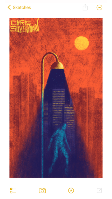 A bright, orange day in a city. A person is walking under a street lamp. In the background is a dark city skyline. What's unusual is that the street lamp is casting a cone of darkness instead of light, and the person is a ghostly amorphous blue. Within the darkness, distant buildings can be seen under a starry sky. The buildings have rows of yellow windows. The painting is signed "Chris Silverman".