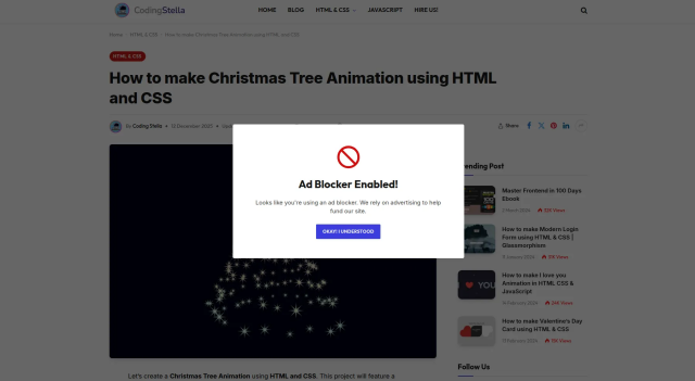 Screenshot of the grifter page with AdBlocker modal overlay. Post date is December 2025.