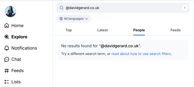 a screenshot of a search for @davidgerard.co.uk on Bluesky - under the tab "people" it says "no results found"