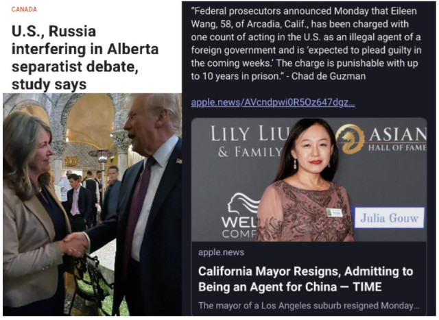 L:  U.S., Russia interfering in Alberta separatist debate, study says
Photo:  fascists Smith & Trump colluding

R:  "Federal prosecutors announced Monday that Eileen Wang, 58, of Arcadia, Calif., has been charged with one count of acting in the U.S. as an illegal agent of a foreign government and is 'expected to plead guilty in the coming weeks' The charge is punishable with up to 10 years in prison." - Chad de Guzman