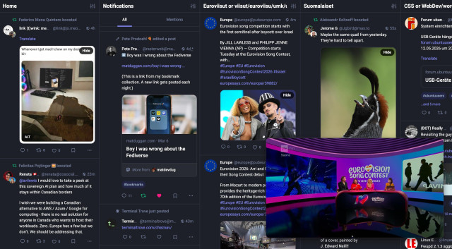 A screenshot with Mastodon + Eurovision feeds
