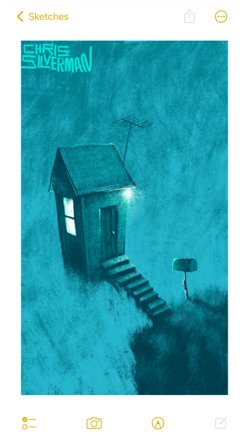 A small shack hovers in space, several feet away from the edge of a cliff. It is tenuously tethered to the edge of the cliff by a rickety staircase. The shack has one glowing window, a television antenna, and a glowing white porch light. At the edge of the cliff, next to the staircase, is a small mailbox. This is a dark, teal painting, signed "Chris Silverman".