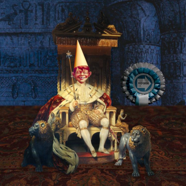 A king on a sumptuous, much elaborated throne; in one hand he holds a sceptre of office, in the other, the leashes for two fierce stone dogs that guard the throne. The king's head has been replaced with a character who was used as the basis for MAD Magazine's Alfred E Neumann. The new head sports a conical dunce cap. Behind the king is a UK Reform Party rosette. The background is an Egyptian temple, ganked from a Dore Old Testament engraving. The floor has been carpeted in sumptuous tabriz from the Ottoman court.