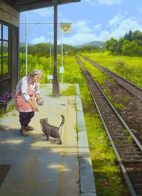 a digital painting of an old lady feeding a cat at a train station