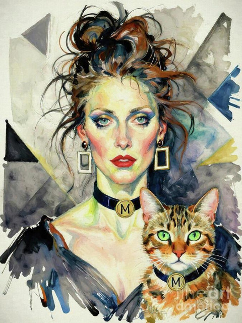 A stylised portrait features a woman with striking makeup and jewellery. A cat with vivid green eyes accompanies her, both wearing matching collars.