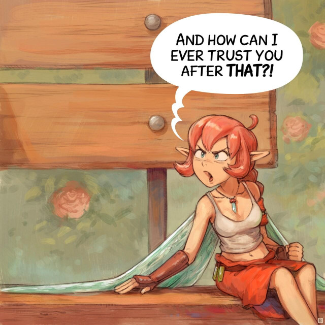 Panel 2. The Pink Fairy turns back, angry:  
> Pink fairy: "And how can I ever trust you after THAT?!"