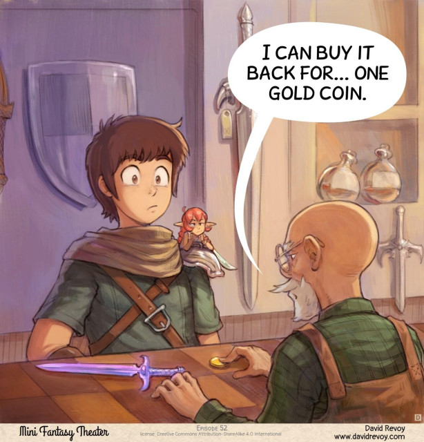 Panel 4. Inside the shop, the adventurer places the purple epic dagger on the counter. The merchant pushes a single coin across toward them. Both the adventurer and pink fairy stare in disbelief.  
> Merchant: "I can buy it back for... one gold coin."