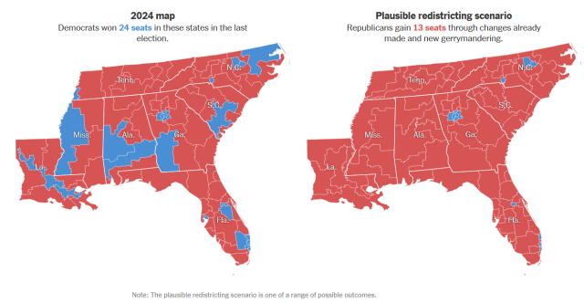 Maps of southeast USA, Showing gerrymandering virtually all Black representation 