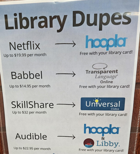 At the top of small sign, in large dark print: Library Dupes. Below  several well known sites that aren't free and then arrows pointing to the free library alternatives. 
Netflix (up to $19.99 a month)  arrow Hoopla (free with your library card!)
Babbel ( up to $14.95 a month) arrow Transparent Language Online (free...)
Skillshare (up to $32.99 a month) arrow Universal Class (free...)
Audible (up to $32.95 a month) arrow Hoopla and Libby (free...)

