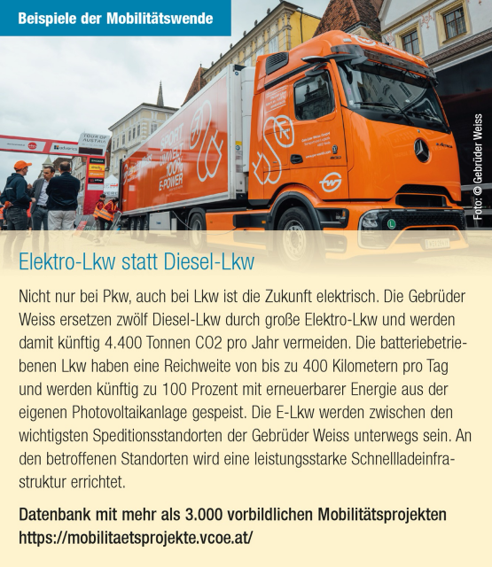 ALT Foto von orangem Elektro-Lkw und folgender Text Elektro-Lkw statt Diesel-Lkw  Nicht nur bei Pkw, auch bei Lkw ist die Zukunft elektrisch. Die Gebrüder Weiss ersetzen zwölf Diesel-Lkw durch große Elektro-Lkw und werden damit künftig 4.400 Tonnen CO2 pro Jahr vermeiden. Die batteriebetriebenen Lkw haben eine Reichweite von bis zu 400 Kilometern pro Tag und werden künftig zu 100 Prozent mit erneuerbarer Energie aus der eigenen Photovoltaikanlage gespeist. Die E-Lkw werden zwischen den wichtigsten Speditionsstandorten der Gebrüder Weiss unterwegs sein. An den betroffenen Standorten wird eine leistungsstarke Schnellladeinfrastruktur errichtet. 