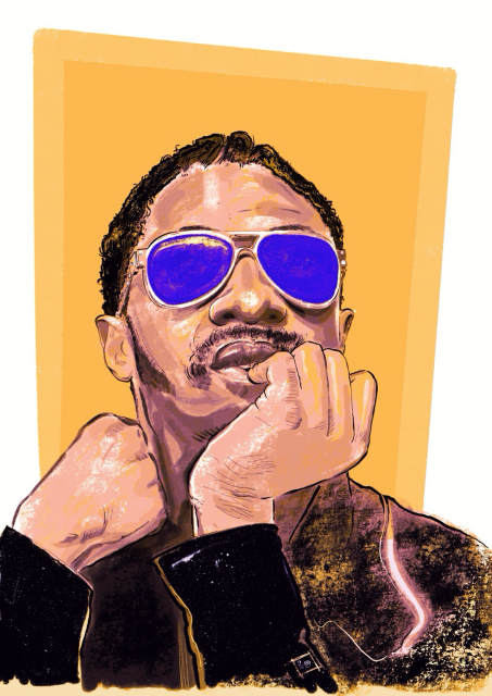 digital ink & pastel sketch of musical genius & big-hearted human, stevie wonder. here, he rests his chin in his left hand. his head is raised slightly to his left. behind him is a vertical rectangle of bright yellow that bleeds through to the foreground.
the lenses in stevie's shades are bright purple with pink highlights.