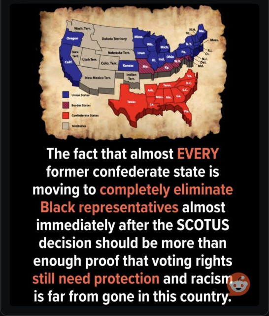 The image features a map of the United States highlighting Union states in blue, Confederate states in red, and border states in a mix of colors. It includes text emphasizing concerns about the elimination of Black representatives in former Confederate states following a recent Supreme Court decision