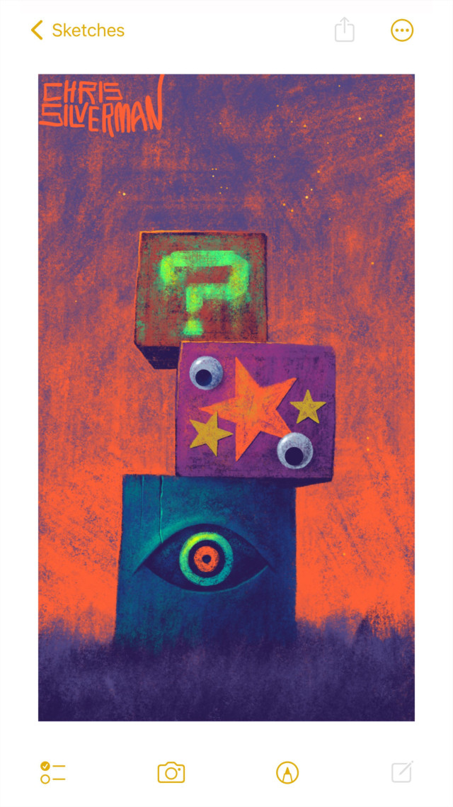 A darkening purple sky that still has a reddish glow. Placed in the middle of a dark purple meadow is a stack of three boxes. The lowermost box is blue, with a bright green and red eye on it. The middle box is purple, and has several orange and yellow stars, as well as two google eyes, stuck to it. The topmost box is a rusty red, and has a radioactive-green question mark painted on it in drippy paint. There are a few stars speckling the sky. The painting is signed "Chris Silverman".