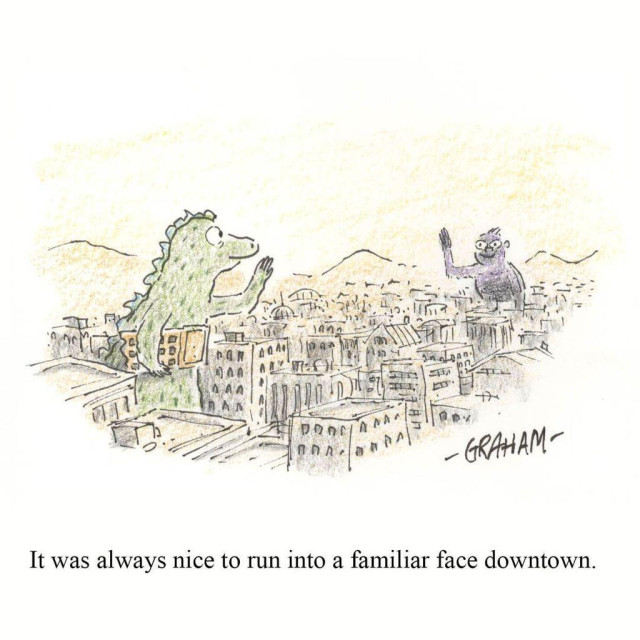 A cartoon illustration of Godzilla holding a piece of a building waving a gentle hello to King Kong whose waving back from several blocks away. Caption reads "It was always nice to run into a familiar face downtown."