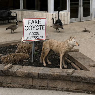 In some kind of outdoor shopping center, there is a little island for plants with a statue of a coyote in it. A sign next to it says "FAKE COYOTE - GOOSE DETERRENT." In the background two Canada geese are strolling around totally unbothered.