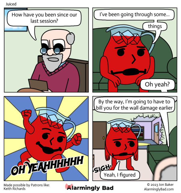 Alarmingly Bad comic about the Kool-Aid Man going through some things